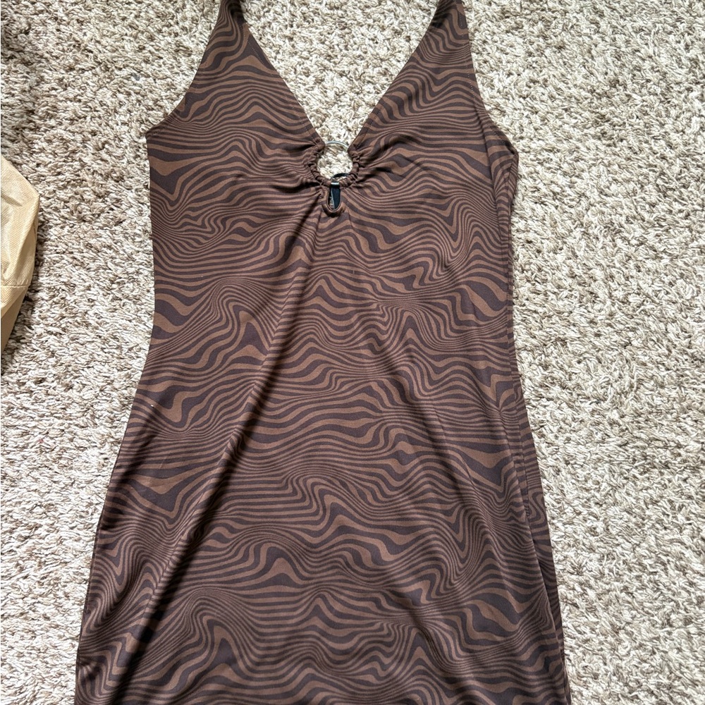 Brown Patterned Sleeveless Dress